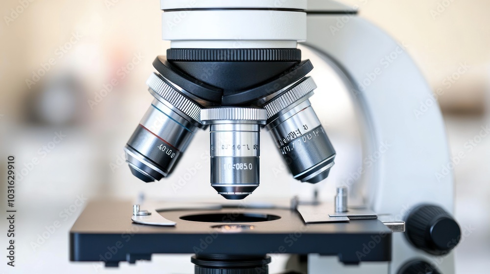 A Close-Up of a Microscope's Lenses and Stage