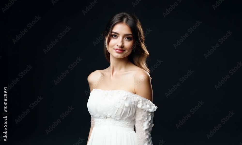 Portrait of a beautiful young woman with long brown hair, wearing a white off-the-shoulder dress, looking at the camera with a soft smile. Portrait of a beautiful young woman with long brown hair, wearing a white off-the-shoulder dress, looking at the camera with a soft smile.