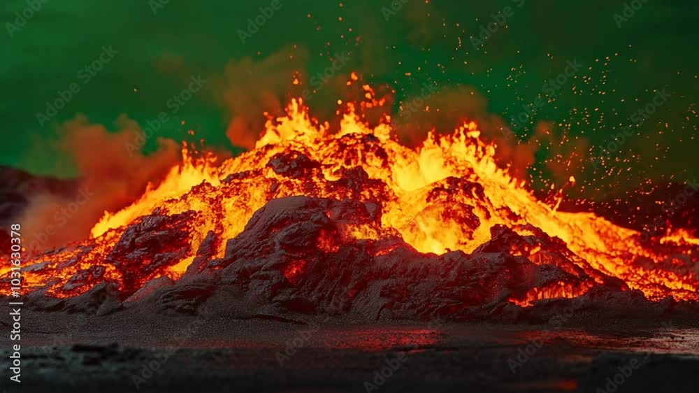 Fiery Inferno: A mesmerizing blaze engulfs a mountain of burning embers, casting a fiery glow against a dramatic green screen. The intense heat and smoke create a captivating visual spectacle.