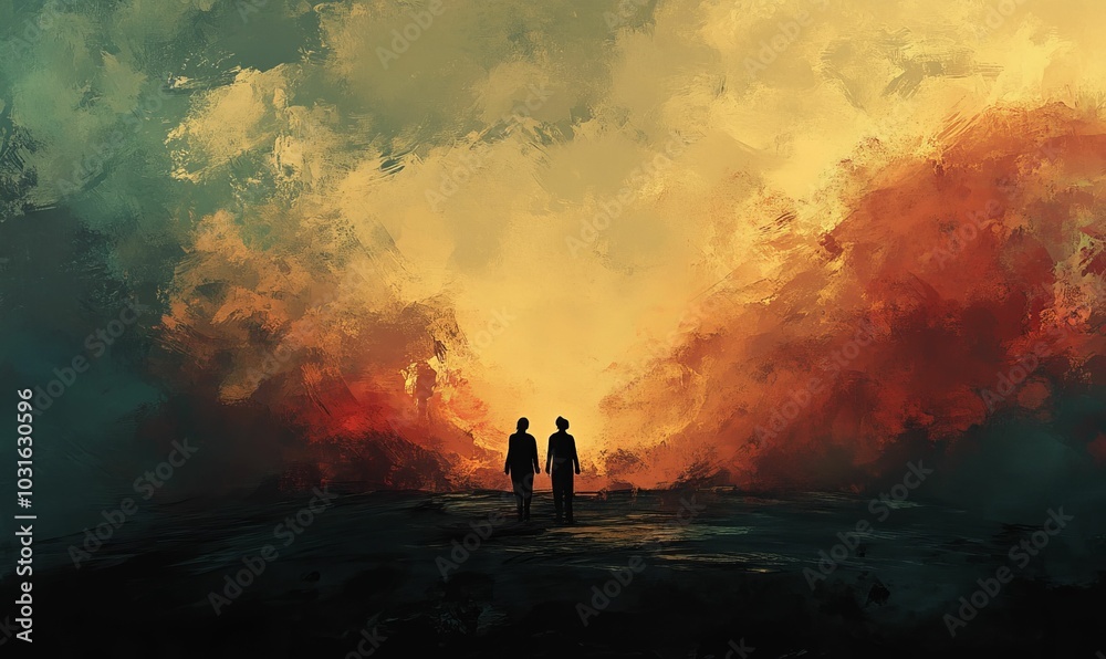 Two figures stand before a fiery sky. Two figures stand before a fiery sky.