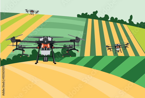 Spray drone in agricultural fields. Aerial technology with green plantation background. Mapping drone