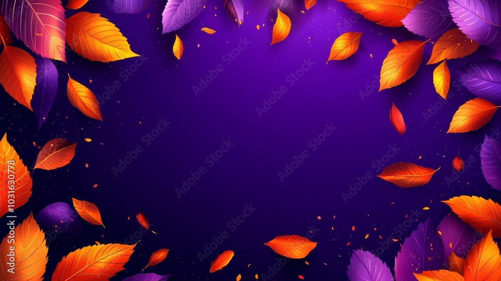 Vibrant autumn leaves in rich hues creating a colorful frame on a deep purple background, celebrating the beauty of the season Vibrant autumn leaves in rich hues creating a colorful frame on a deep purple background, celebrating the beauty of the season