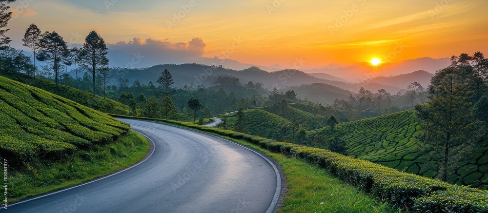 Fototapeta premium Winding road through lush green tea plantations with a stunning sunrise over distant hills.