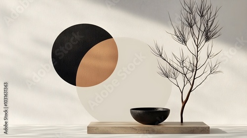 Minimalist japandi art with a wooden bowl, abstract circles, and a bare branch, symbolizing harmony and simplicity.