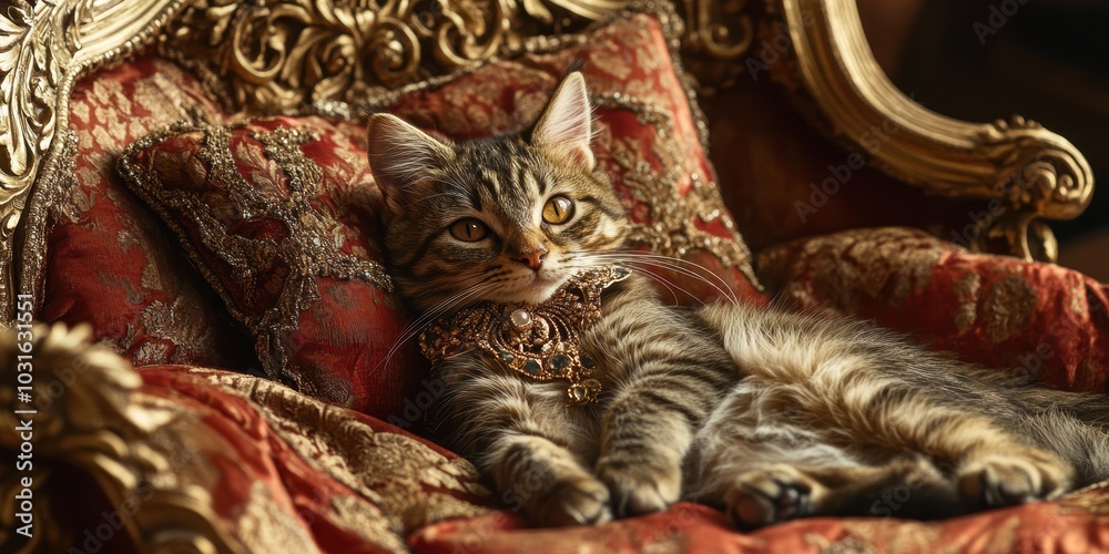 Fototapeta premium Tabby cat lounging on a golden armchair.
