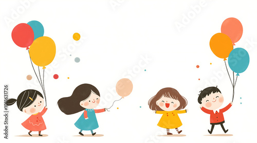 A joyful scene of children running through a park, colorful balloons in hand, with beaming smiles and laughter, capturing the essence of carefree fun and vibrant energy. Illustration design.