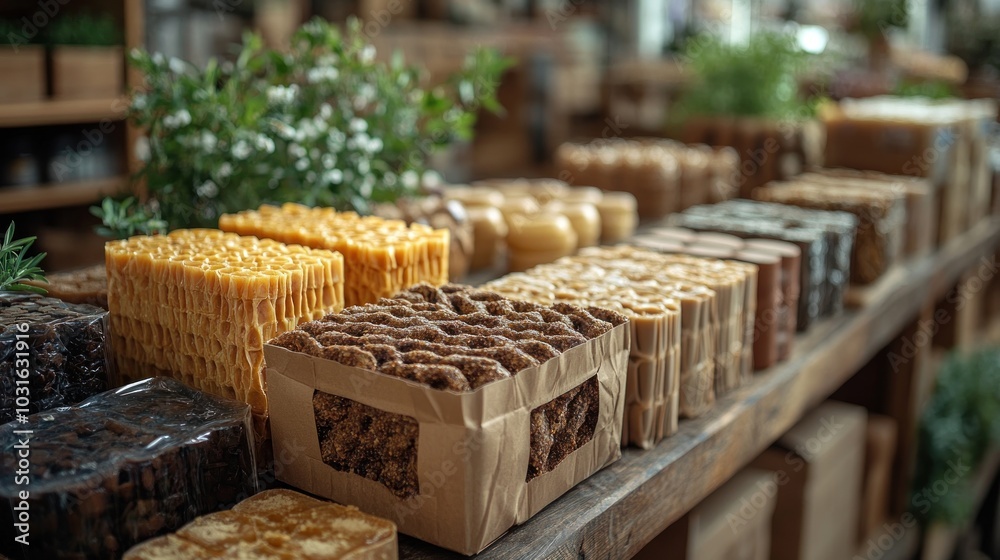 A variety of natural soap bars in a rustic shop setting. A variety of natural soap bars in a rustic shop setting.