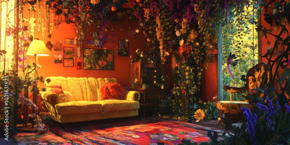 A room with a yellow couch, overgrown with flowers. A room with a yellow couch, overgrown with flowers.
