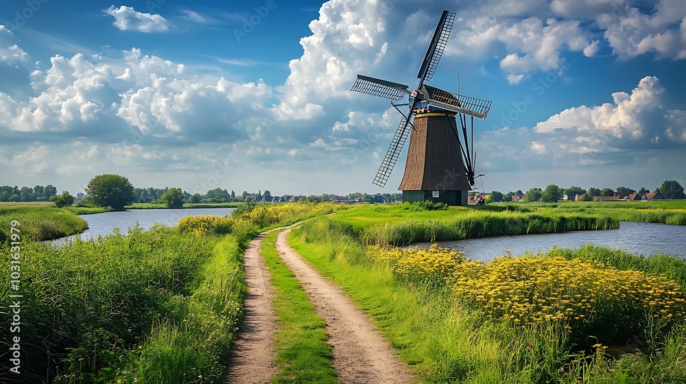 Countryside Windmill with a Winding Path and Blue Sky Countryside Windmill with a Winding Path and Blue Sky