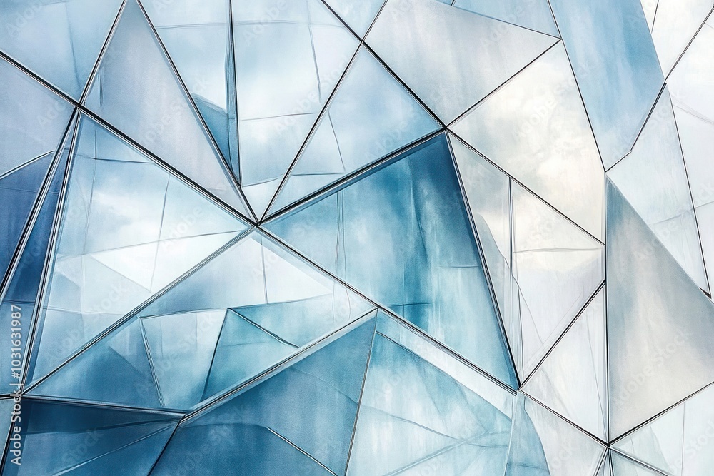 Geometric pattern of blue glass panels with a modern, clean aesthetic. Geometric pattern of blue glass panels with a modern, clean aesthetic.