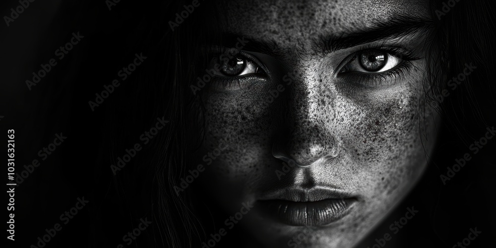 Close-up grayscale portrait of a woman. Close-up grayscale portrait of a woman.