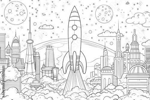 A bold rocket launches from a whimsical city, surrounded by fluffy clouds and a starry universe, inviting imaginative journeys ahead. photo