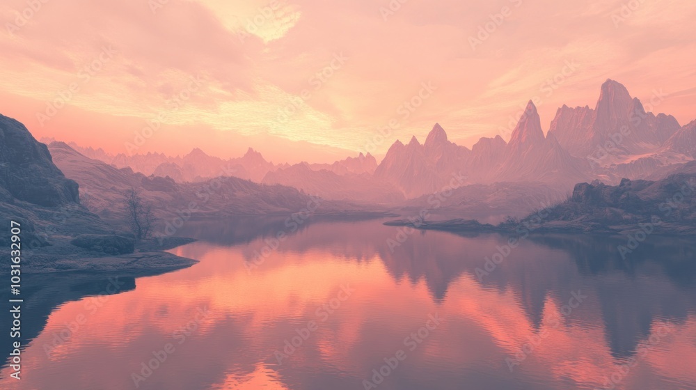 Serene Mountain Lake at Sunset with Pink Sky Reflections Serene Mountain Lake at Sunset with Pink Sky Reflections