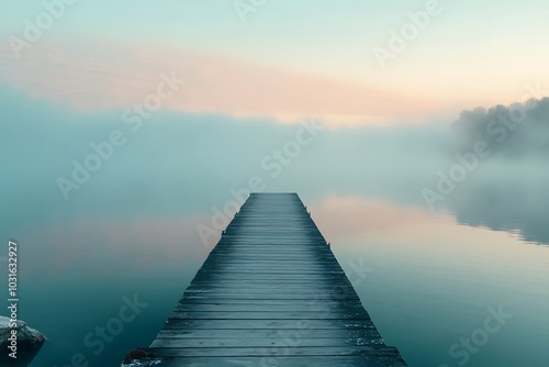 Wooden Dock Extending into Foggy Lake at Dawn, Serene Water, Tranquil Scene, Calmness, Peace, Nature, Landscape