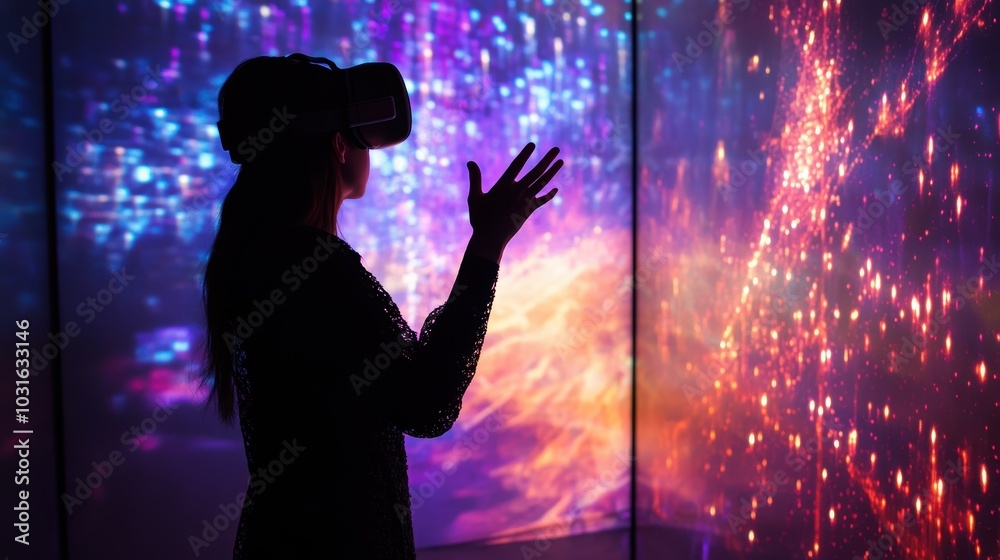 Silhouette of a woman in VR, colorful lights. Silhouette of a woman in VR, colorful lights.