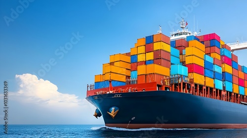 Massive container ship brimming with colorful cargo containers sailing across the vast open ocean representing the global supply chain and international trade and commerce