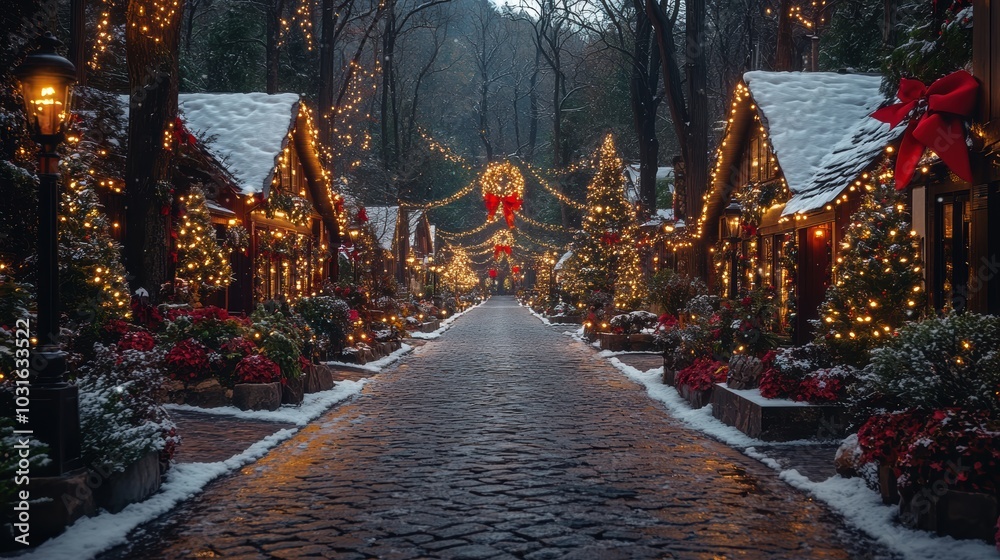 Fototapeta premium A charming village street adorned with Christmas lights and decorations at night, creating a cozy and festive holiday atmosphere.
