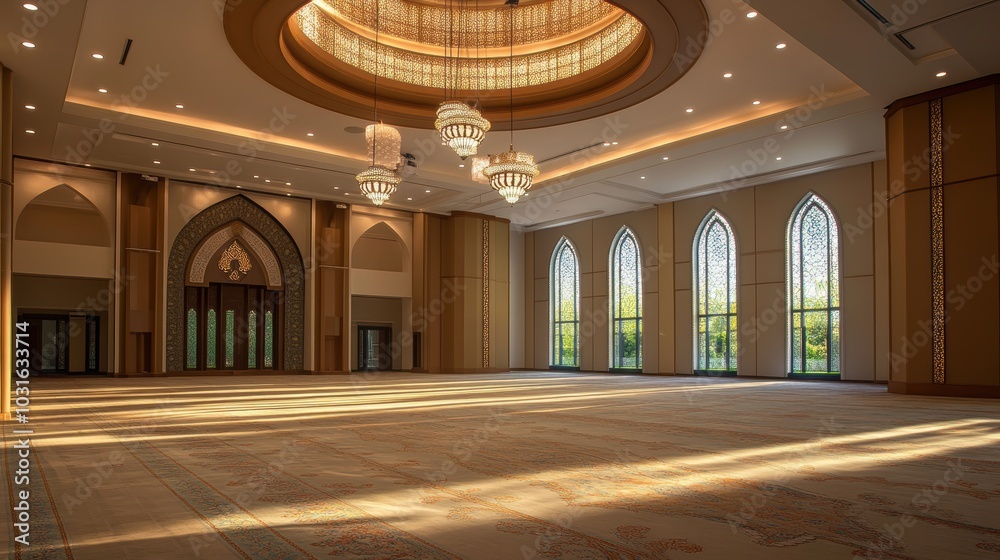 Obraz premium Sunlight streams through stained glass windows in a grand hall.