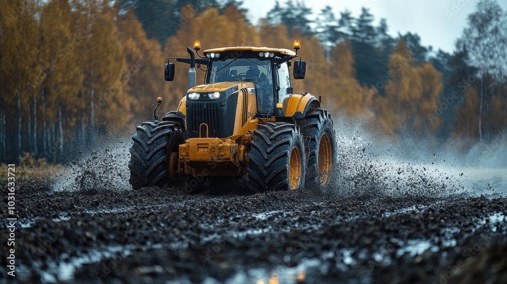 A yellow tractor drives through a muddy field, creating a spray of water. A yellow tractor drives through a muddy field, creating a spray of water.