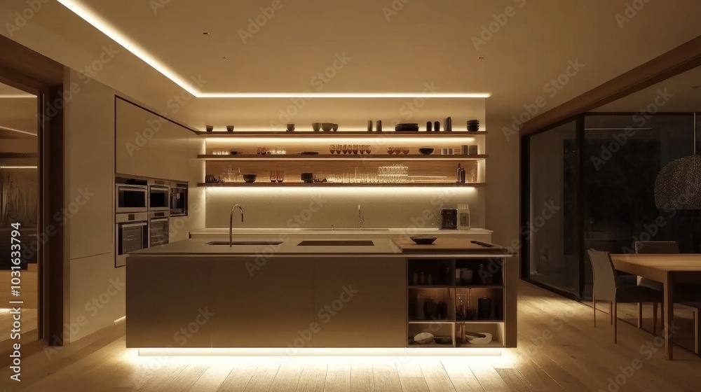 Minimalist modern kitchen with ambient ceiling lighting, task lights under floating cabinets, and accent lighting in shelving areas. Minimalist modern kitchen with ambient ceiling lighting, task lights under floating cabinets, and accent lighting in shelving areas.