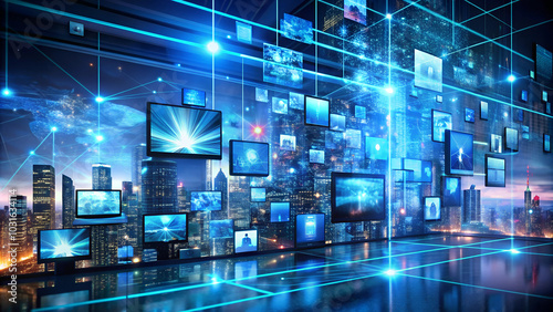 Lots of screens on a blue neon background. TV, Internet, Network, Smart City, Control. televisions displaying various colorful broadcasts. digital data organization