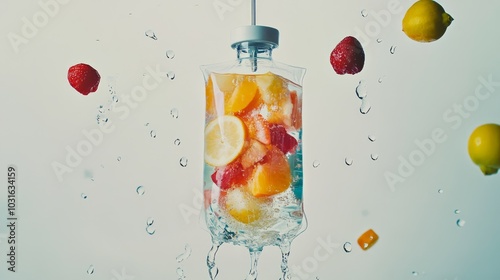 A clear IV bag with water and fresh fruit inside is suspended with water splashing out.