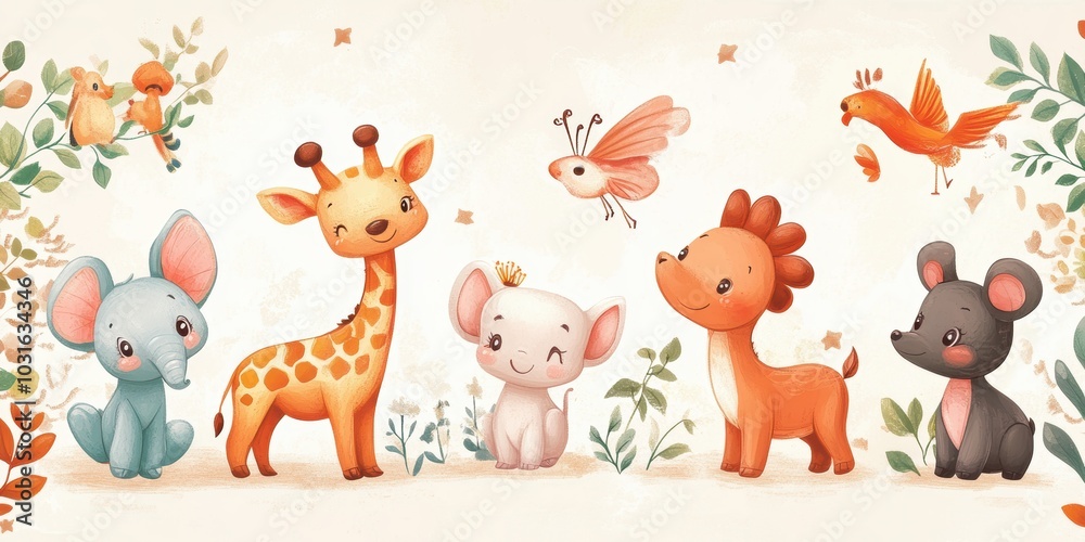 Naklejka premium Cute animals and a bird in a forest scene.