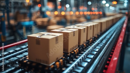 Cardboard boxes moving on a conveyor belt in a factory.