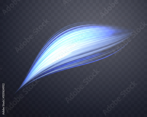 Glowing blue lines. Neon realistic energy speed. Abstract light effect on a dark transparent background. Vector illustration.