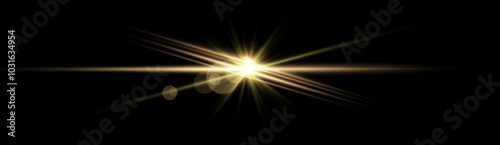 Gold horizontal lensflare. Light flash with rays or gold spotlight and bokeh. Yellow glow flare light effect. Vector illustration. Isolated on transparent background.