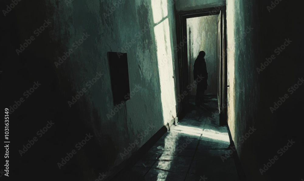 Dark hallway with a shadowy figure. Dark hallway with a shadowy figure.
