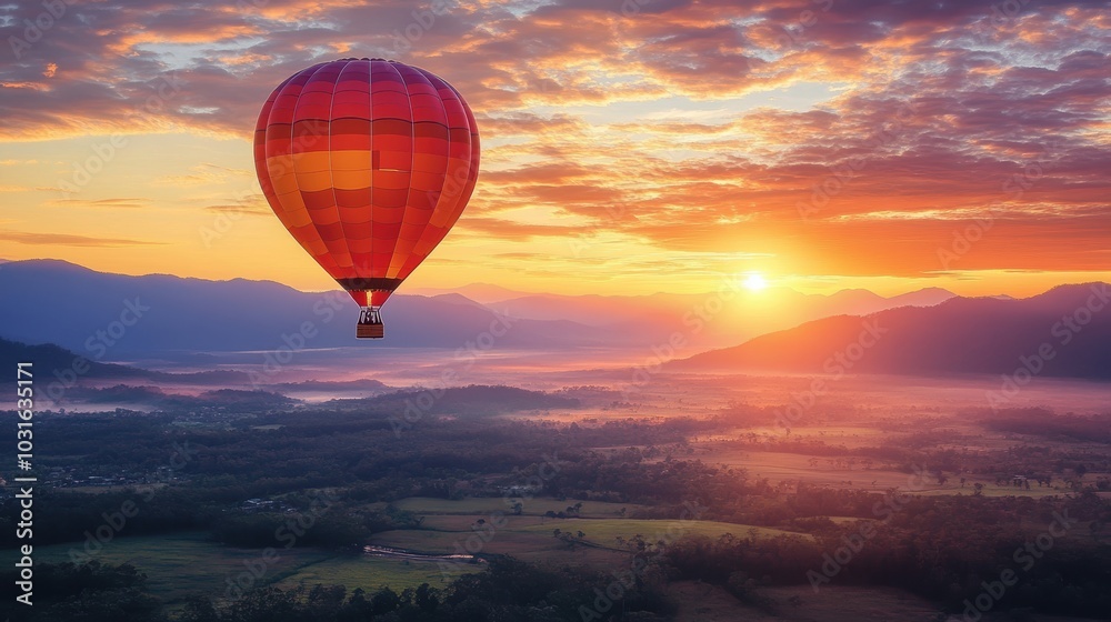 Hot air balloon flying above sunrise landscape. Hot air balloon flying above sunrise landscape.
