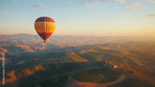 Hot Air Balloon Flight Over Rolling Hills and Vineyards at Sunrise