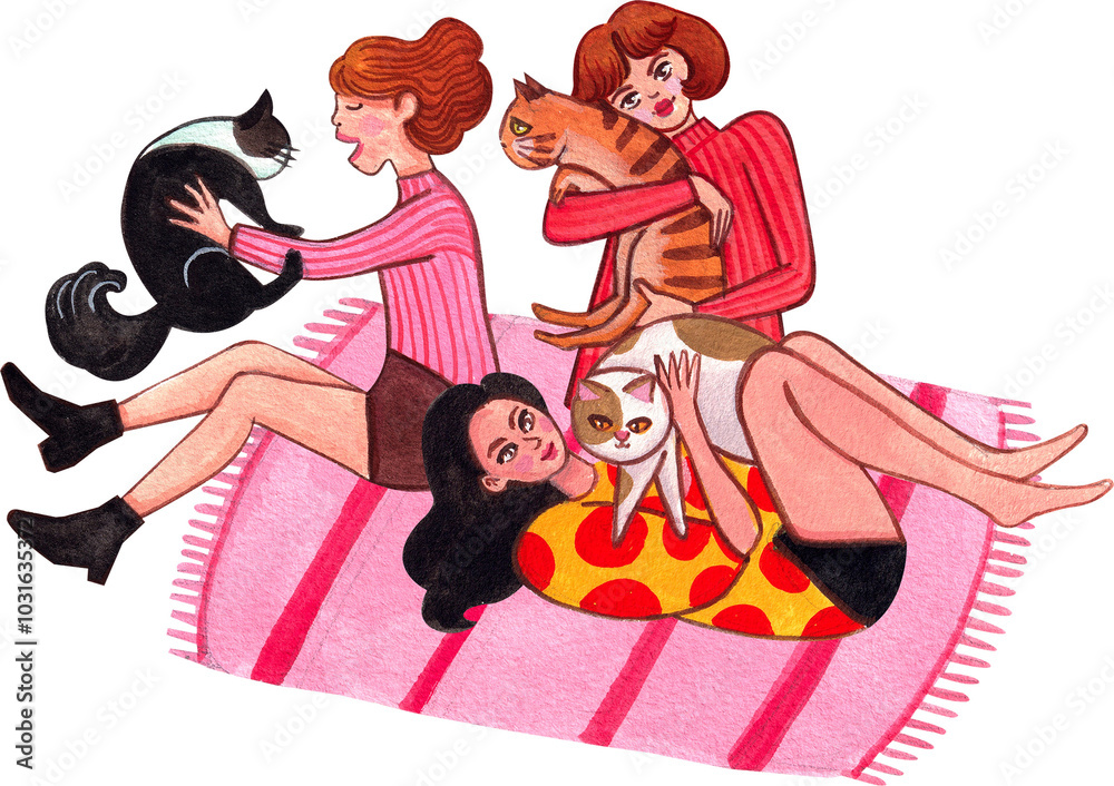 Three women sit and lie on mats and play with their cats., hand-drawn watercolor painting illustration Three women sit and lie on mats and play with their cats., hand-drawn watercolor painting illustration