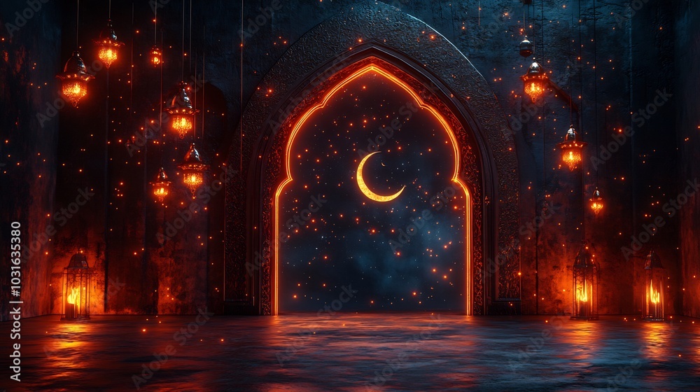 Elegant Eid Mubarak design 3D Islamic archway glowing stars and a crescent moon with ample room for personalized text on a minimalist background Elegant Eid Mubarak design 3D Islamic archway glowing stars and a crescent moon with ample room for personalized text on a minimalist background
