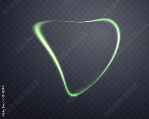 Curved green glowing ring. Neon realistic energy flare circle. Abstract light effect on a dark transparent background. Vector illustration.