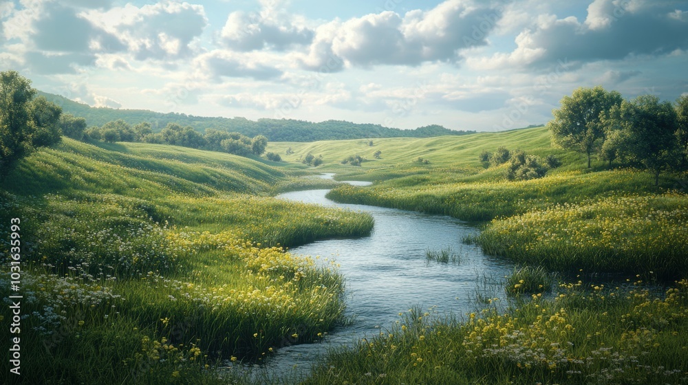 A winding river flows through a lush, green meadow. A winding river flows through a lush, green meadow.