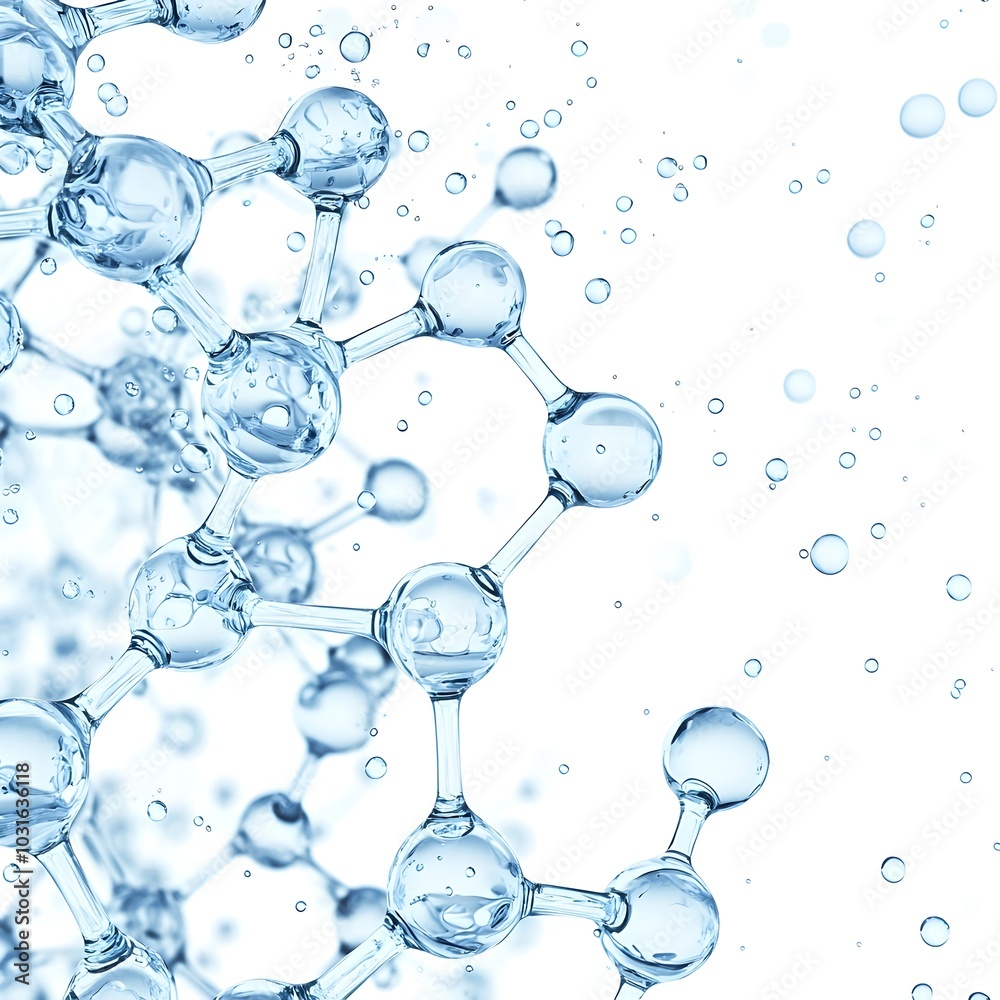 Molecular Structure of Light Blue Water Droplets on White Background Molecular Structure of Light Blue Water Droplets on White Background