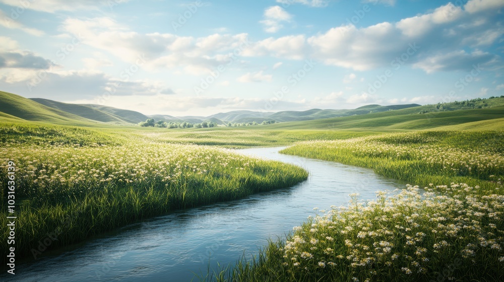 Naklejka premium River winding through a grassy field.