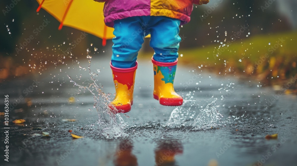 Fototapeta premium Child splashes in puddles with colorful boots.