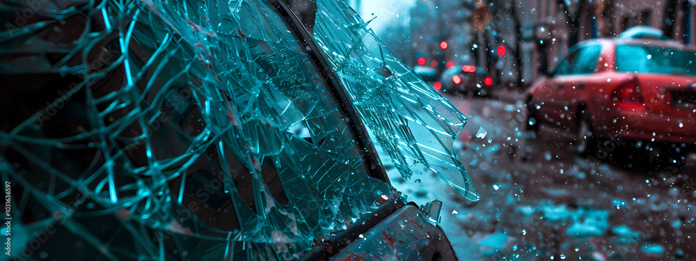 A close-up of shattered glass reflecting a rainy city street, with blurred cars in the background, creating a somber and reflective mood. A close-up of shattered glass reflecting a rainy city street, with blurred cars in the background, creating a somber and reflective mood.