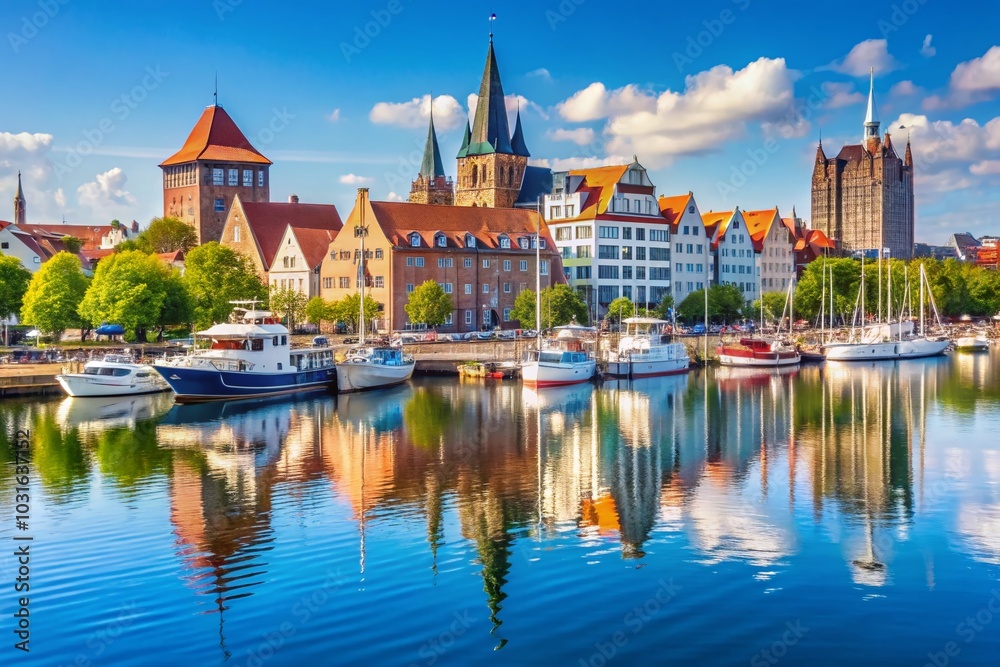 Naklejka premium Stunning City Harbor of Rostock with River Warnow in Mecklenburg Western Pomerania - A Scenic Coastal View