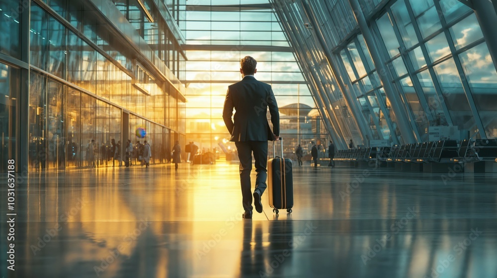 A man is leisurely walking with a suitcase through the airport at sunset A man is leisurely walking with a suitcase through the airport at sunset