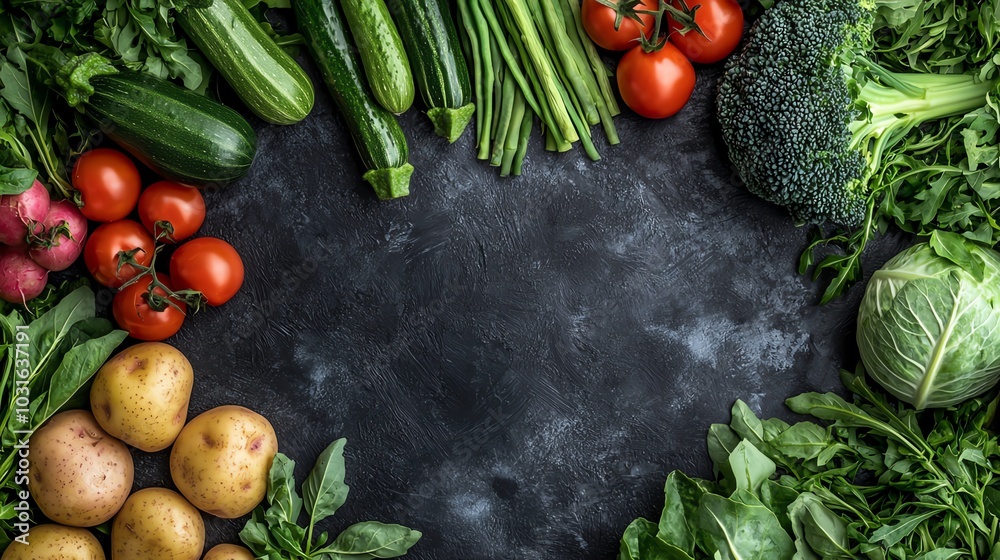 A vibrant array of fresh vegetables arranged around a dark background, showcasing potatoes, tomatoes, cucumbers, broccoli, and leafy greens.