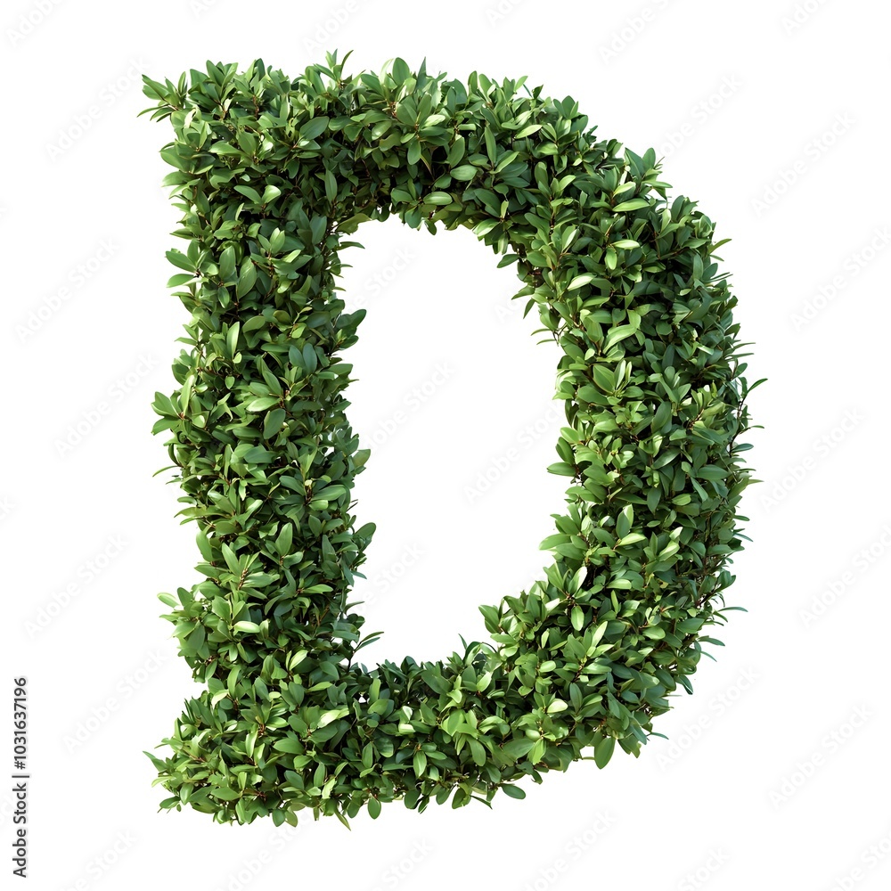 Lush Green Shrub Trimmed in Stylized Alphabet D on White Background Lush Green Shrub Trimmed in Stylized Alphabet D on White Background