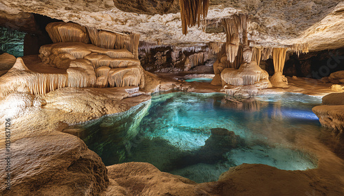 A massive underground cavern where rivers flow upside down, clinging to the ceiling