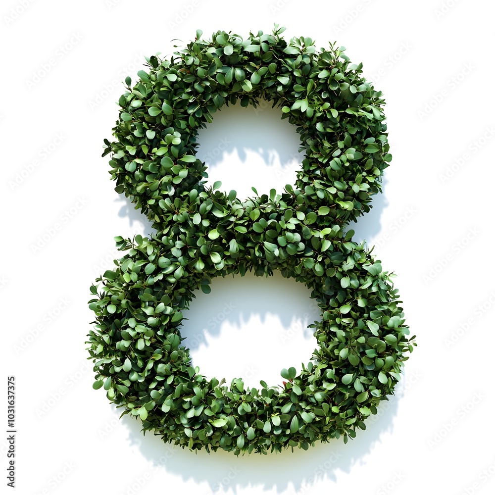 Lush Green Shrub Shaped Into Number 8 Symbol on White Background Lush Green Shrub Shaped Into Number 8 Symbol on White Background
