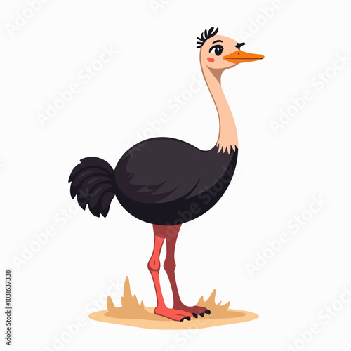 Vector ostrich illustration, cartoon flightless bird character on sand