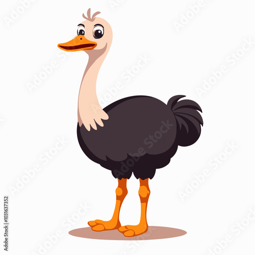 Vector ostrich illustration, cute cartoon flightless bird character with copy space