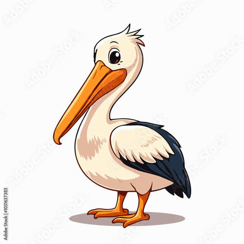 Vector pelican illustration, cartoon wading bird character with long beak and copy space